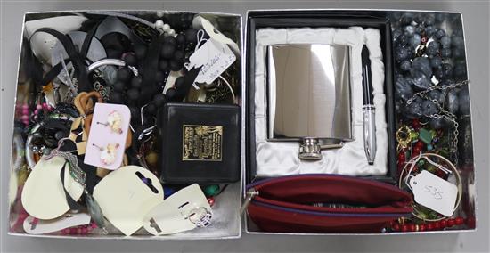 A quantity of mainly costume jewellery etc. including cased hip flask and pen.